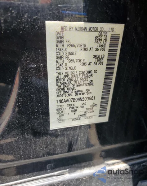 2006 Nissan Titan Xe z USA, uszkodzony, nr VIN 1N6AA07B96N500661